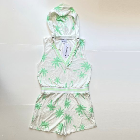 NEW Juicy Couture Hooded Sleeveless White Romper, Surf Green Palm Print, Size L - Picture 7 of 16